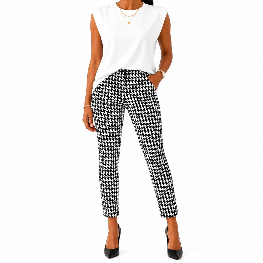 Krazy Larry Pull On Ankle Pants Womens 8 Black White Houndstooth Stretch Slim